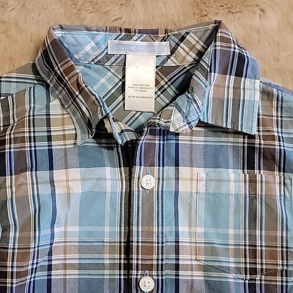 JANIE AND JACK LIGHT BLUE AND TAN PLAID DRESS SHIRT, SIZE 18-24 MONTHS - Picture 2 of 5